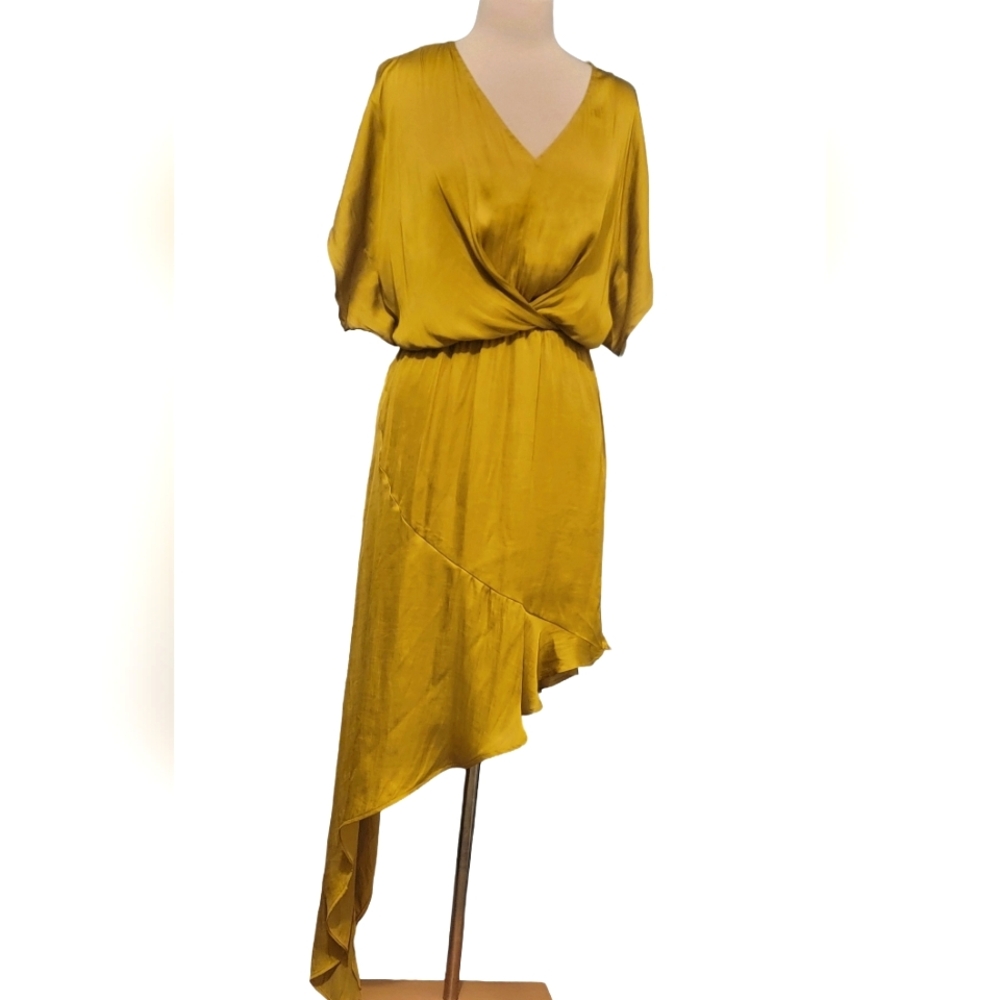 Strut & Bolt Satin Asymetrical Wrap Split Sleeve Cocktail Midi Dress